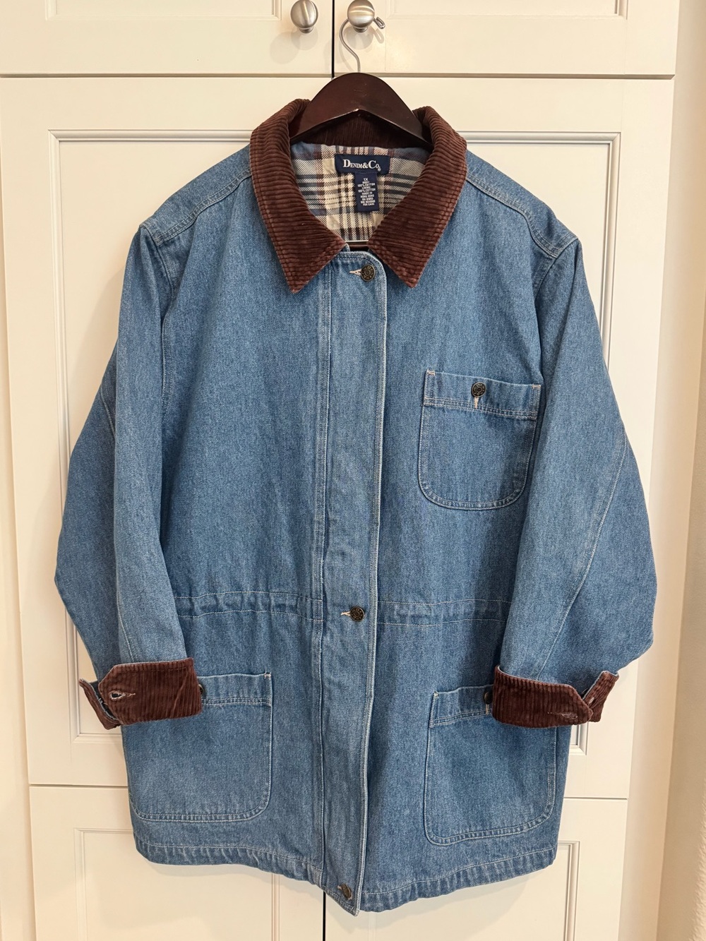 Vintage 90’s Denim Co. Plaid-Lined Denim Barn/Chore Jacket Blue & Brown Like New